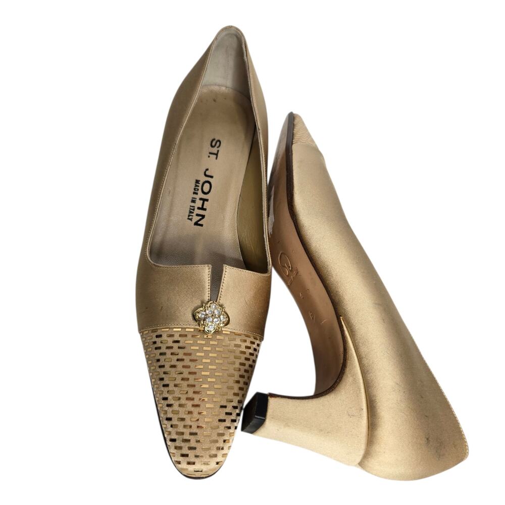 St. John Nicole Gold Satin Heels Formal Pumps Embellished Italian Women 5B